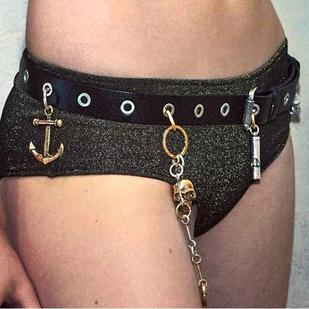 ZARA x KATE MOSS Black Leather Belt with Studs/Gold Charms - Size 34 (90) - NEW